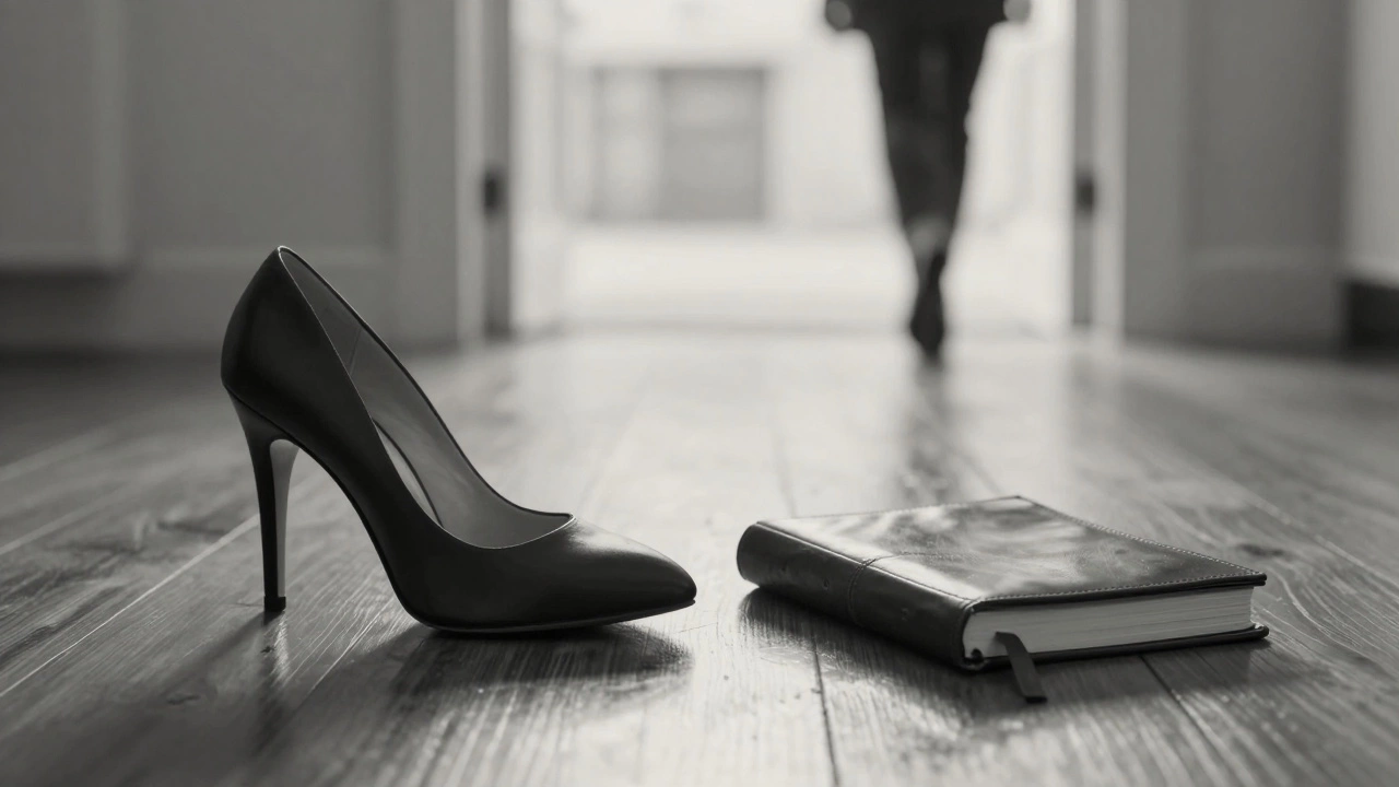 A high-heeled shoe and journal rest together, symbolizing discretion and emotional presence.
