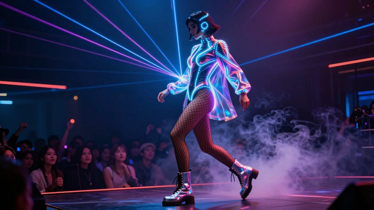 Neon cyberpunk performer on stage under glowing lasers with LED-lit bodysuit and smoke swirling around.