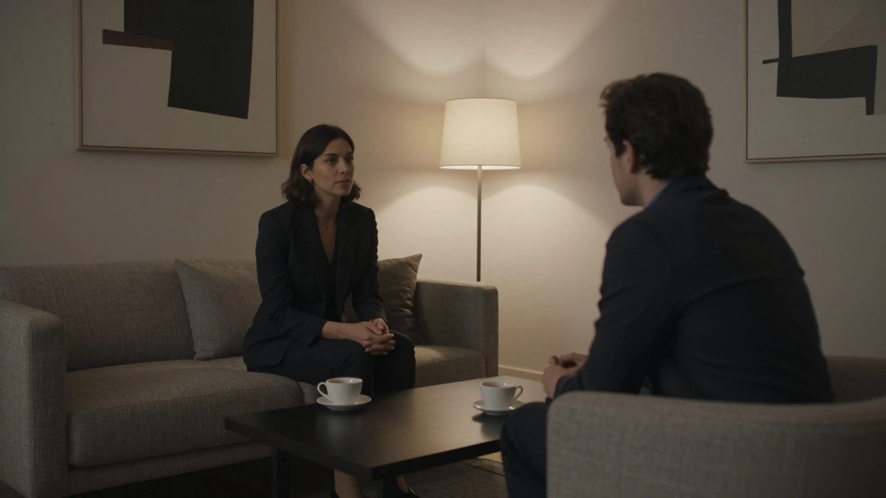 Two people sit calmly in a modern lounge, engaging in respectful conversation.